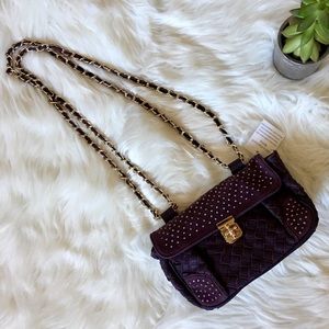 Plum Studded Chain Strap Lock-Front Shoulder Bag